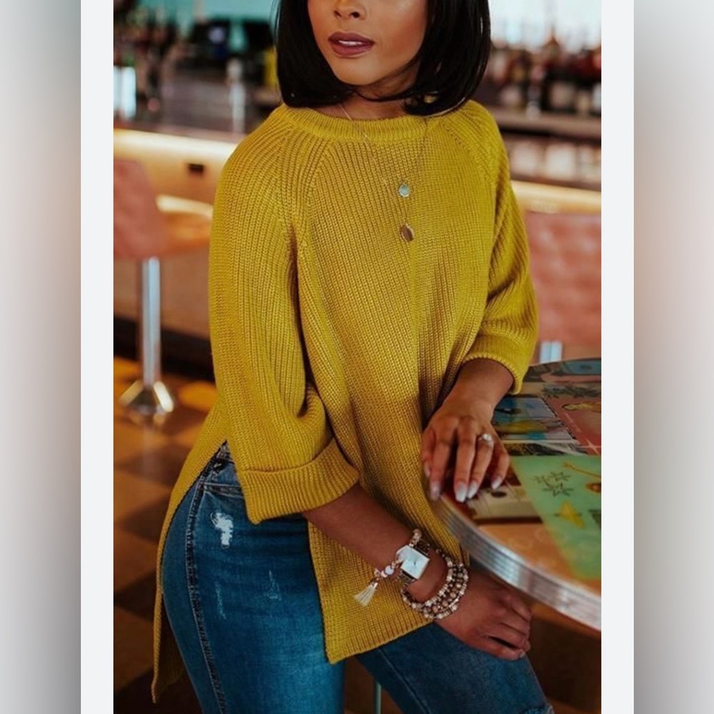 Anthropologie Mote Mustard Yellow Knit Pullover Sweater High Low Hem Size Large